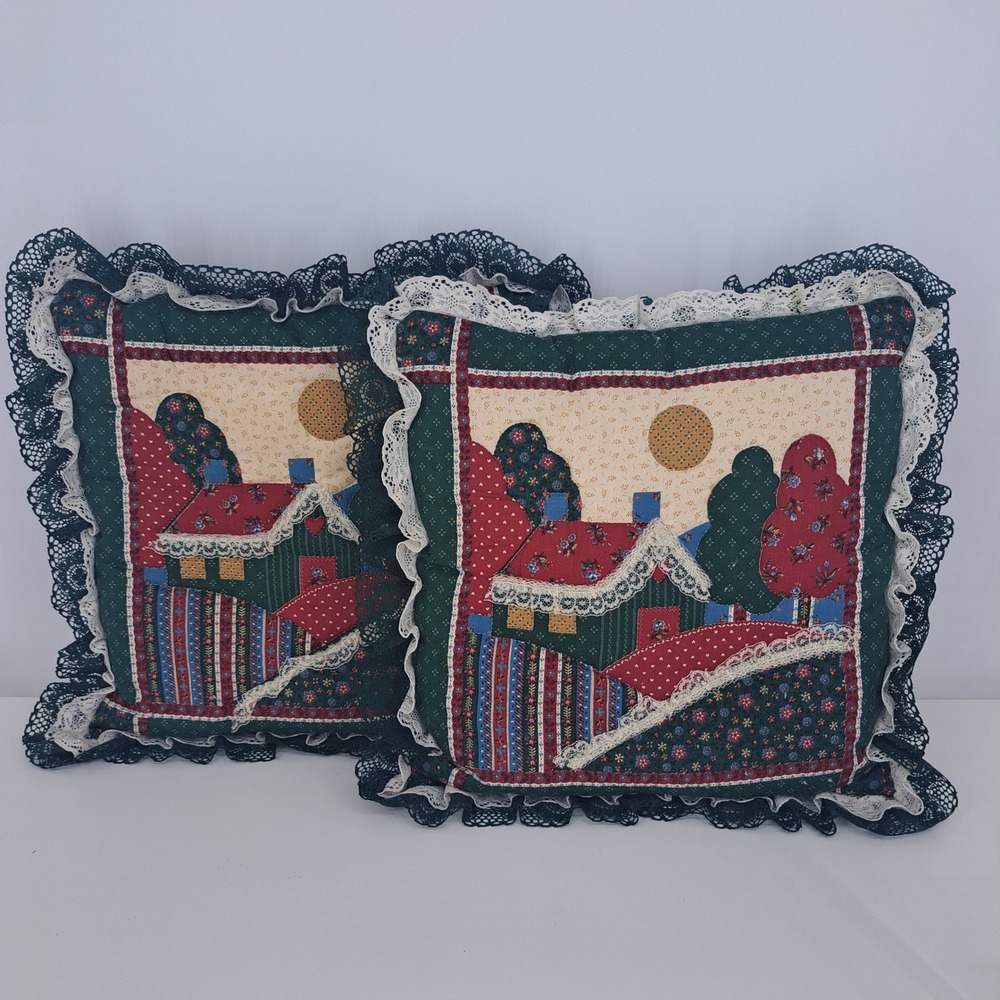 Vintage Quilted Lace Ruffle Pillow 15" Home House Prairie Cottagecore Farm Set 2